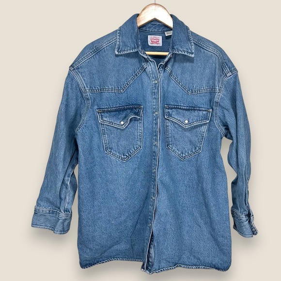 Levi Pearl Snap Denim Western Shirt Men Medium Blue Cotton Button Long Sleeve - Picture 1 of 12